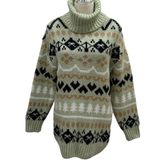 Anthropologie Green Fair Isle Turtleneck Tunic Sweater - Picture 3 of 6